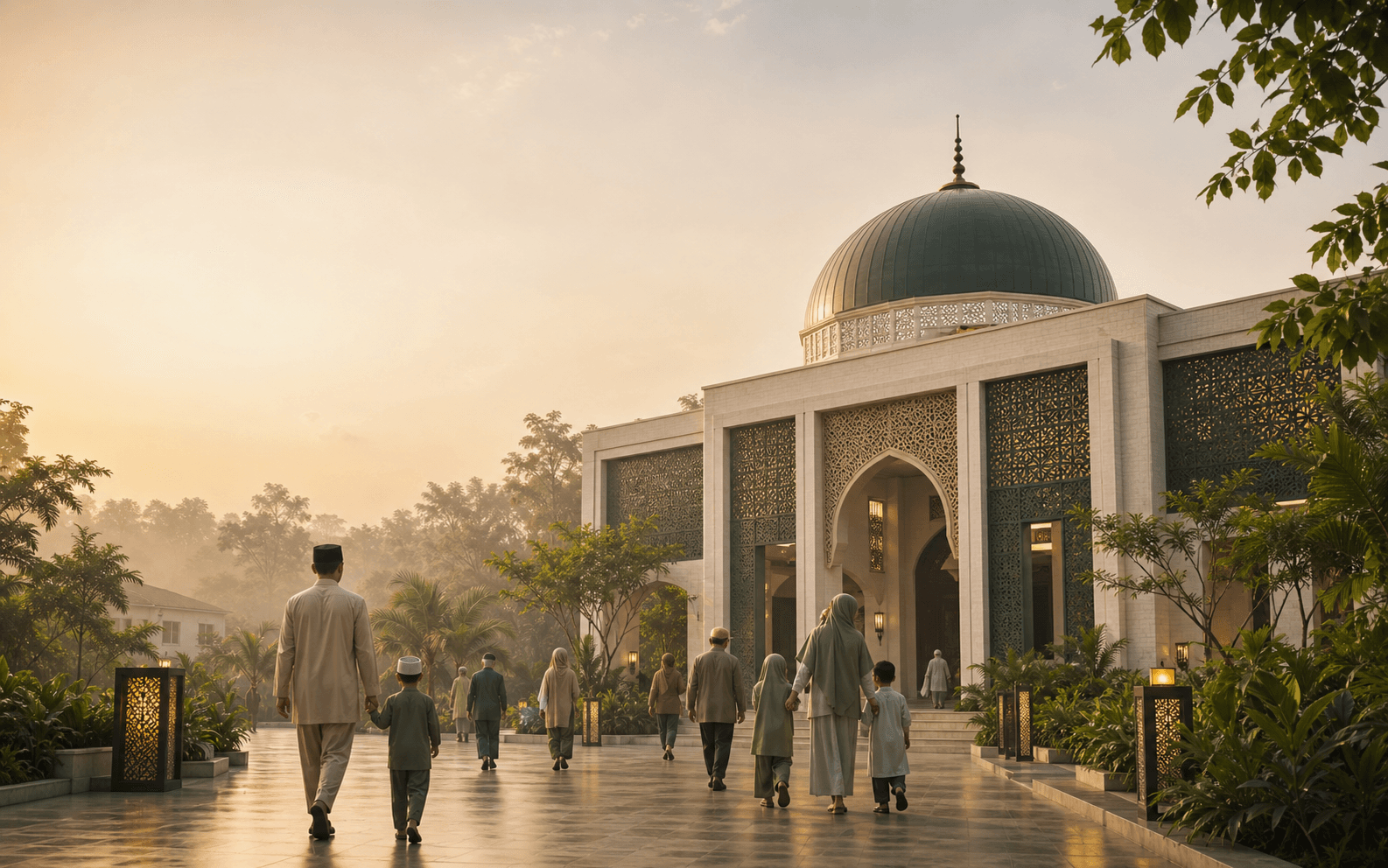 Jamaah berjalan menuju masjid pada waktu fajar